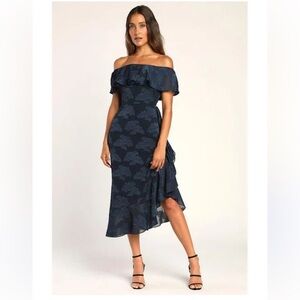 Lulus Pretty Perfect Navy Floral Burnout Off-The-Shoulder Midi Dress Medium New